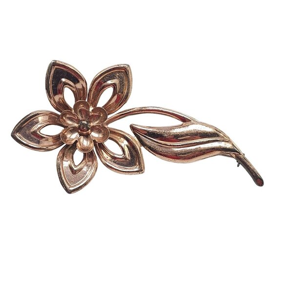 Sterling Silver Vermeil Large Flower Leaf Brooch Pin Rose Gold Tone Vintage - Picture 1 of 6